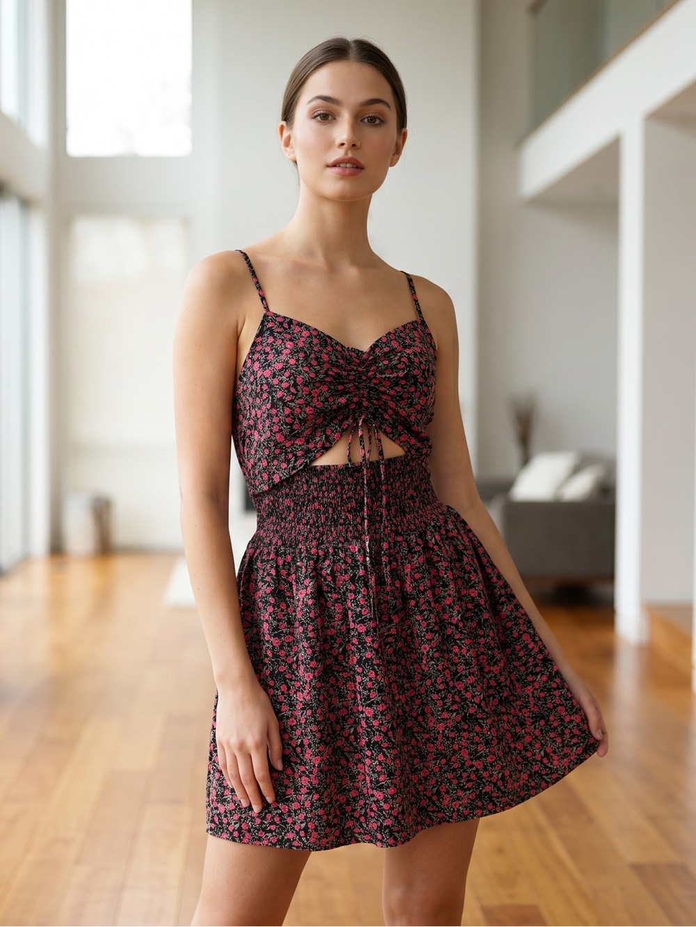 SHEIN Sweet & Flirty Black and Pink Floral Ruched Tie-Front Mini Dress